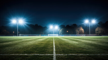 Lights shine brightly on the soccer field, ready for action - obrazy, fototapety, plakaty