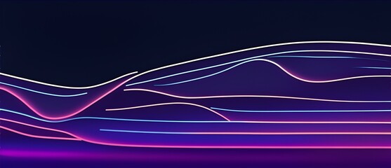 Curved wavy neon colorful thin lines on dark navy blue background from Generative AI