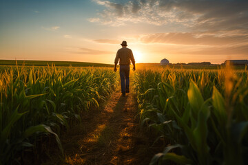 Fototapeta premium A farmer walking through corn field at dawn with grain silo in the distance, depicting rural life and agriculture