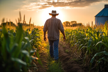 A farmer walking through corn field at dawn with grain silo in the distance, depicting rural life and agriculture