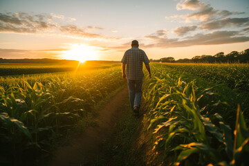 Fototapeta premium A farmer walking through corn field at dawn with grain silo in the distance, depicting rural life and agriculture