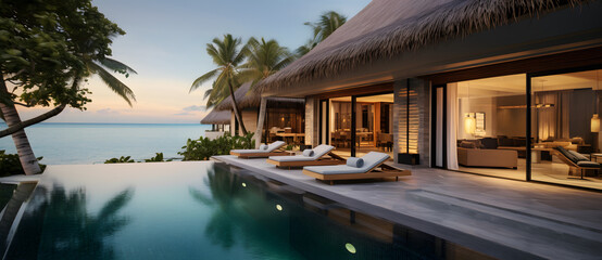 Fototapeta na wymiar An opulent beachfront bungalow with a private infinity pool 3