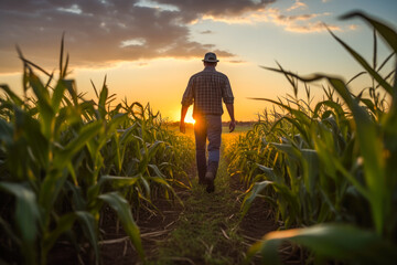 A farmer walking through corn field at dawn depicting rural life and agriculture
