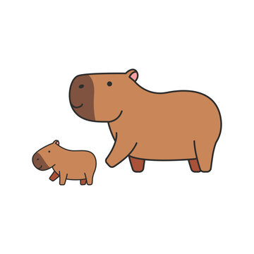 Cute cartoon capybara and baby. Vector illustration.