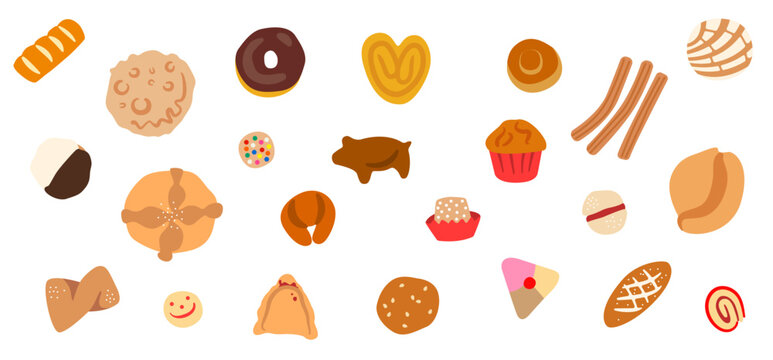 Set of traditional Mexican bakery bread flat illustrations, day of the dead, donut, biscuit, cookie, muffin, bunuelo, pie, fritter, bread roll, bolillo, pan frances, cochinito, croissant, cuernito
