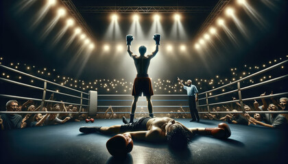 Victory Shot in Boxing: Knockout with Boxer Down and Victor’s Arms Raised in Spotlighted Ring, Dramatic Contrast with Dimly Lit Arena