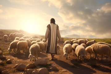 Jesus the good shepherd, guiding his sheep. A christian concept - obrazy, fototapety, plakaty