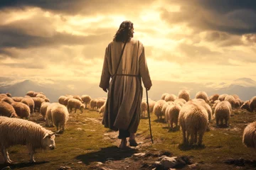 Deurstickers Jesus the good shepherd, guiding his sheep. A christian concept © MVProductions