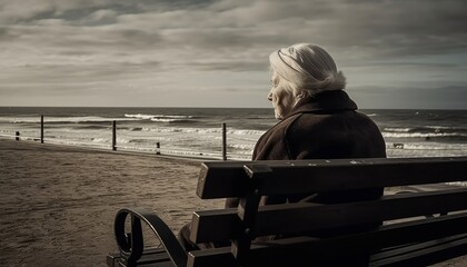 Older woman on the beach - obrazy, fototapety, plakaty