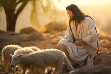 Jesus the good shepherd, guiding his sheep. A christian concept - obrazy, fototapety, plakaty
