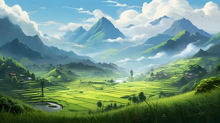 Realistic, green and cool landscape views of mountains and rice fields