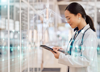 Tablet, digital hologram and doctor with anatomy, human body and futuristic research in 3D overlay. Technology, double exposure and medical woman in augmented reality for x ray or skeleton solution