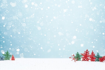 Fototapeta na wymiar Christmas background with snow-covered trees and snowflakes on a blue background. 