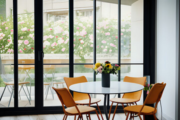 Table with flowers and chairs located near windows and abstract painting in light dining room at daytime. Room interior