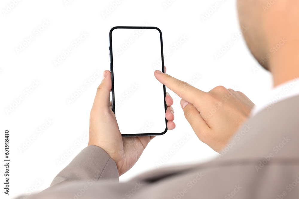 Poster man using smartphone with blank screen on white background, closeup. mockup for design