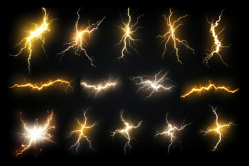 A set of electric thunder bolts, lights effects. Isolated on a black background. Magical, sorcery concept - obrazy, fototapety, plakaty