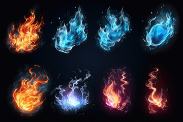 A set of magic power fire and ice lights effects. Isolated on a black background. Magical, sorcery concept - obrazy, fototapety, plakaty