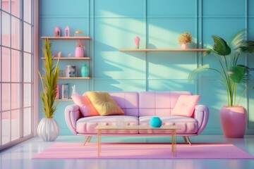 A well-composed interior shot of a living room with '90s furniture, featuring vaporwave elements like pastel colors and geometric shapes. Generative Ai - obrazy, fototapety, plakaty