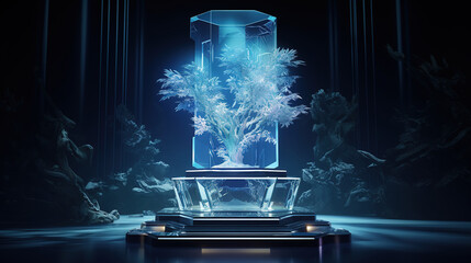 Surrealistic Fusion of a Stage Adorned with a Podium, Encased in a Translucent Glass Cube, Set Amidst a Glowing Tree in a Dark and Mystical Realm
