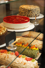 Showcase with different tasty desserts in store