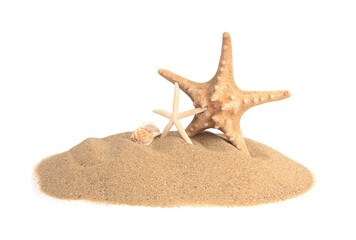 Beautiful sea stars and seashell in sand isolated on white