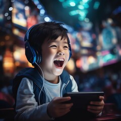child listening to music with headphones