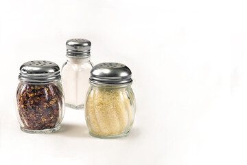 glass salt shakers with silver metal lid, Kitchen spices. Spice jars with space for text
