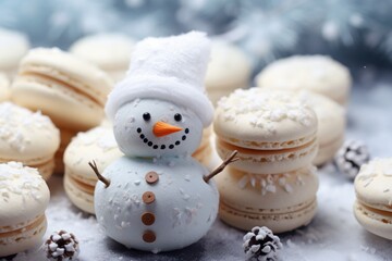 Sweet macaroons in the form of a snowman. Fir branches on a gray background. Merry Christmas card. New year mood