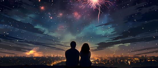 A couple looks up at the fireworks in the sky 3