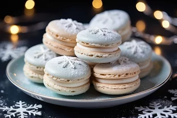 Keuken spatwand met foto Variety of sweet macaroons. The branches of spruce on bokeh background. Modern european French cuisine. Christmas theme, Merry Christmas card. New year mood. lights of garland bulbs © malkovkosta