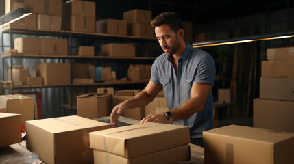 Entrepreneur packing orders into cardboard box