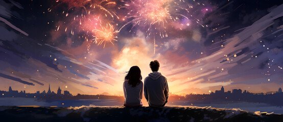 A couple looks up at the fireworks in the sky 9 - obrazy, fototapety, plakaty