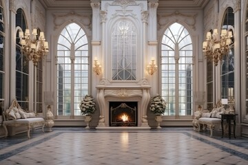 Luxurious vintage interior with fireplace in the aristocratic style. Large Windows and mirrors. Columns and arches, ornament on the glossy floor - 671923414