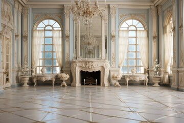 Luxurious vintage interior with fireplace in the aristocratic style. Large Windows and mirrors. Columns and arches, ornament on the glossy floor - 671923659