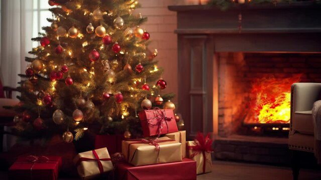 christmas fireplace video  featuring christmas tree with presents underneath the tree on christmas eve (video contains AI generated images)