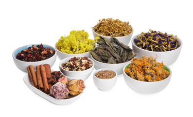 Many different dry herbs, flowers and spices in bowls isolated on white