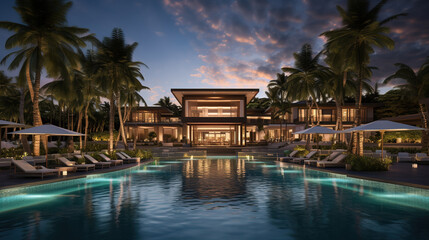Fototapeta na wymiar Modern Luxury Resort Image Featuring a Serene Poolside with Elegant Seating by the Seaside Beach