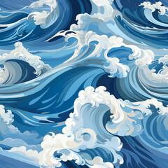 Fototapeta na wymiar Crashing blue and white ocean waves vector. Seamless on all four sides.
