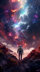 Astronaut Embarking on a Celestial Odyssey Through the Colorful and Vivid Cosmic Clouds of the Unknown, Journeying to the Mystical Realm of Knowhere in the Vast Expanse of Space