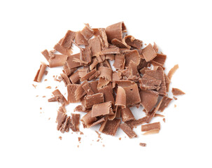 Pile of tasty chocolate shavings isolated on white, top view