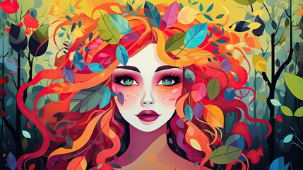Portrait of a beauty woman in the colorful forest background. Abstract girl in the color wood. Digital art watercolor oil paint style. - obrazy, fototapety, plakaty
