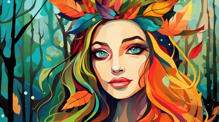 Portrait of a beauty woman in the colorful forest background. Abstract girl in the color wood. Digital art watercolor oil paint style.