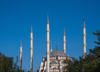 Fototapeta na wymiar Adana Central Mosque, one of the biggest mosques in Turkey. Sabanci Merkez Camii. view through trees.