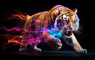 Photo of Tiger with neon gas fog style lighting black background