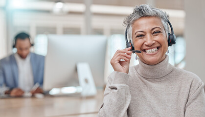 Call center, mature and face of woman with microphone in office for telemarketing, support or...