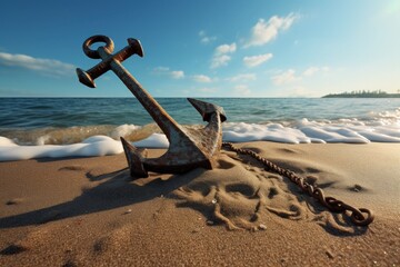 Landscape with old ship anchor on the beach sand, sea horizon and sky in the background. Generative AI