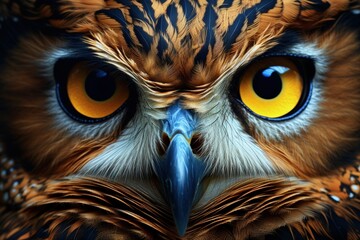 Owl face with staring eyes, digital illustration, fauna and wildlife concept. Generative AI