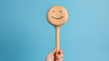 Hand holding round piece of wood with smiling face, blue background, happiness and joy. Generative AI