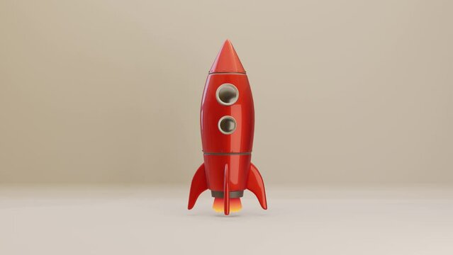 Videos 3d spaceship rocket icon. Rocket upswing ,spewing fire. Startup, space, business concept.