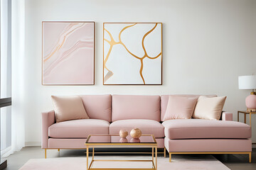 Luxury modern apartment living room with pastel pink marble texture and gold highlights artwork frame